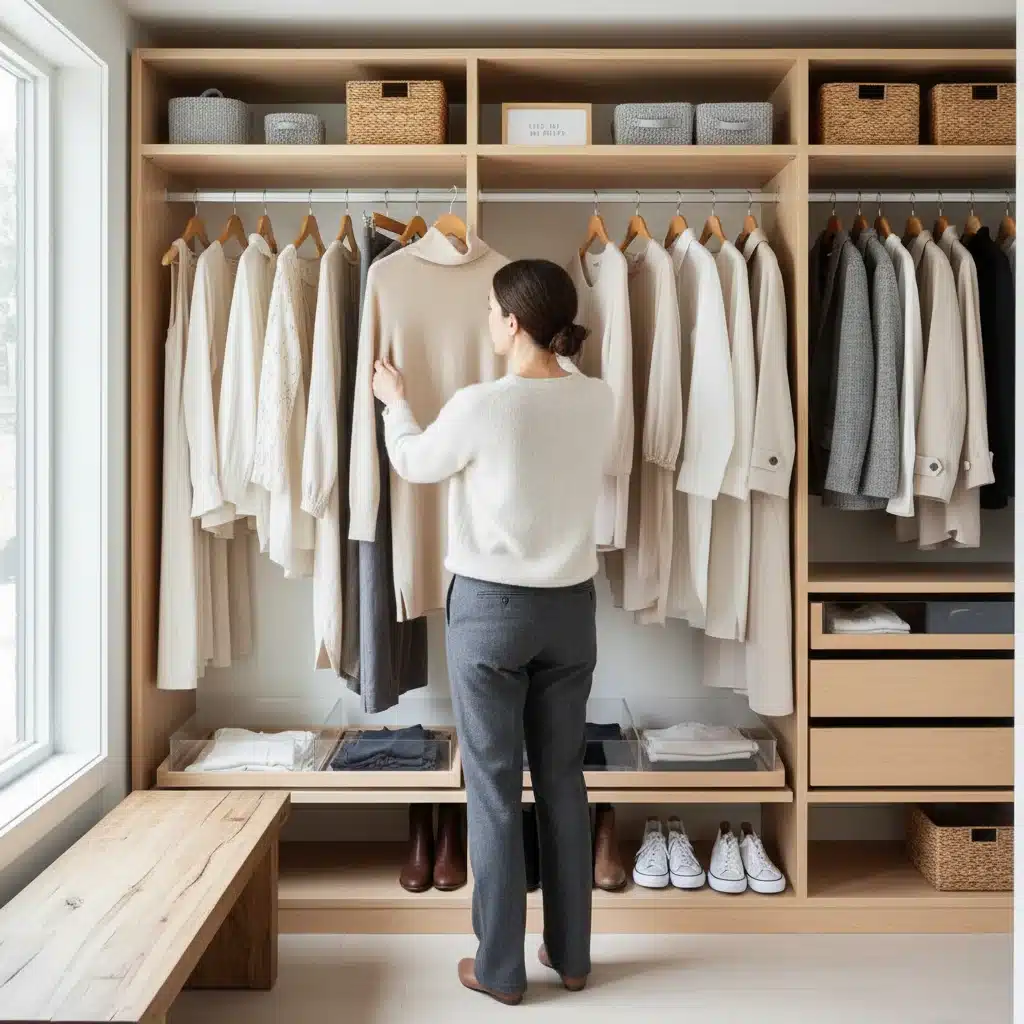 Pessoa organizando um guarda-roupa cápsula minimalista com peças versáteis e sustentáveis.