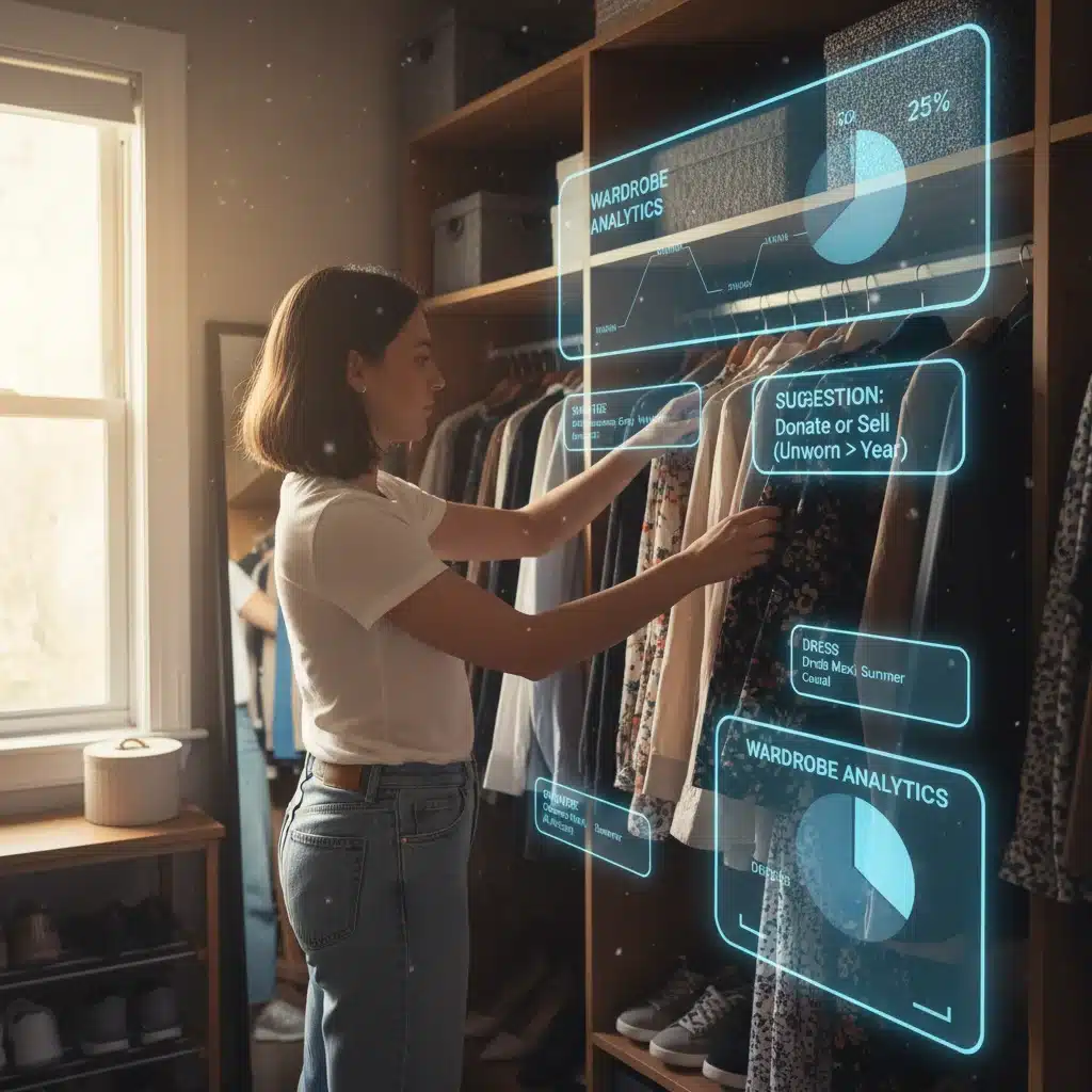 Pessoa organizando guarda-roupa físico com projeção holográfica de tags e sugestões digitais.