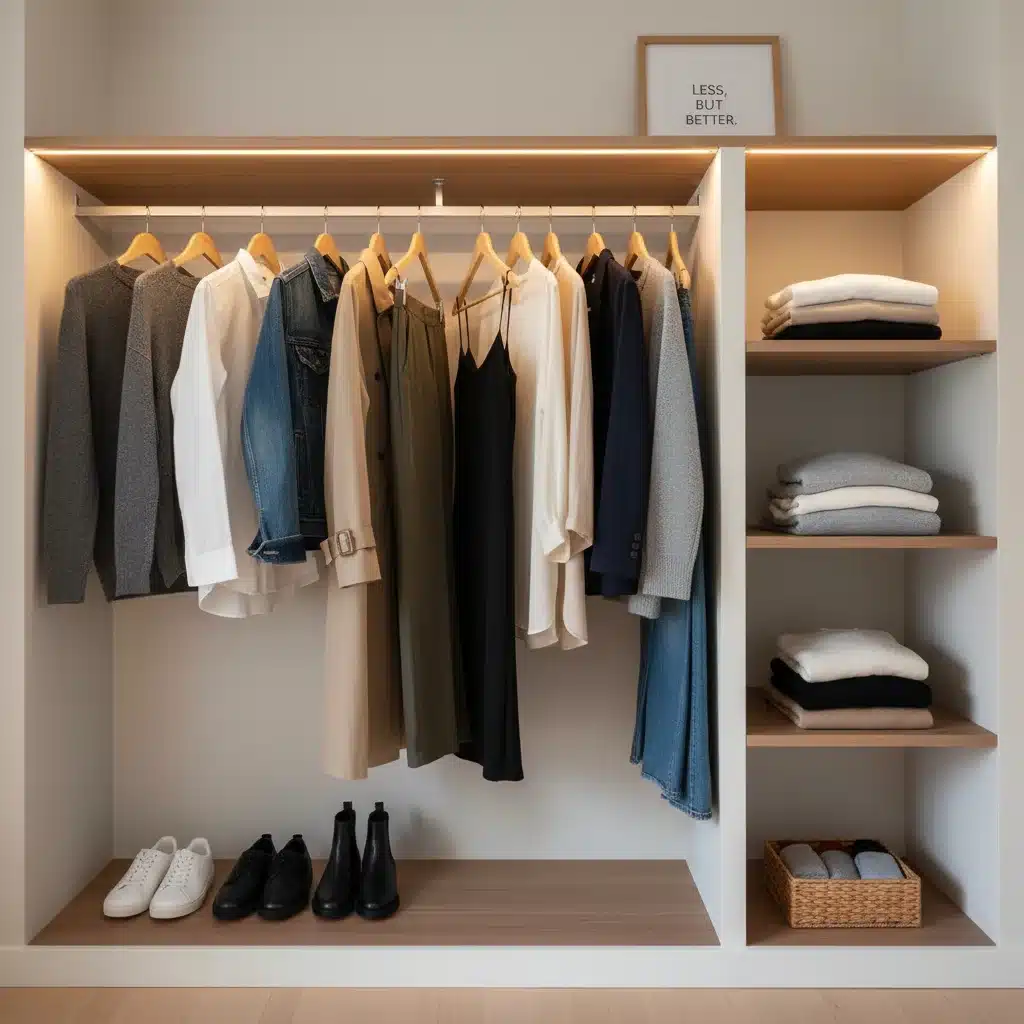Guarda-roupa organizado com poucas peças de roupa de alta qualidade, ilustrando o desapego material e a escolha consciente na vida minimalista.