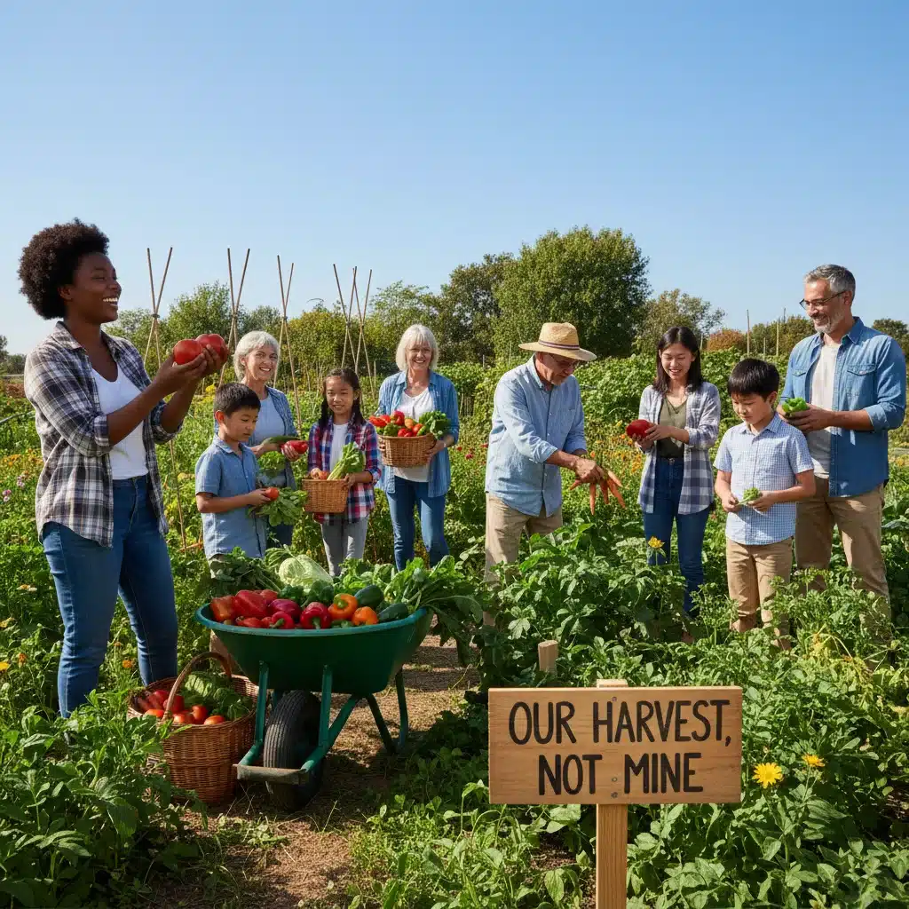 Pessoas de diversas idades colhendo vegetais em uma horta comunitária, exemplificando o consumo consciente em grupo.