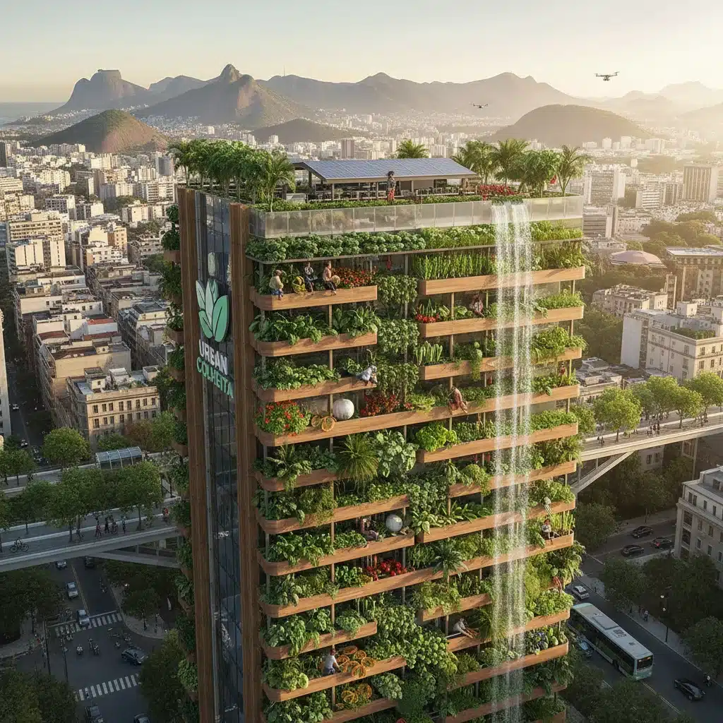 Horta urbana próspera no Brasil, exemplificando agricultura sustentável e segurança alimentar em um contexto urbano.