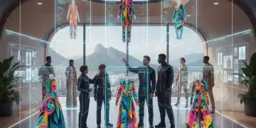Designers brasileiros usando inteligência artificial para criar coleções de moda futuristas com cores vibrantes.
