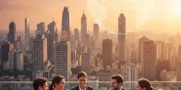 Profissionais de negócios discutindo com um horizonte urbano brasileiro ao fundo, simbolizando o IED no Brasil.