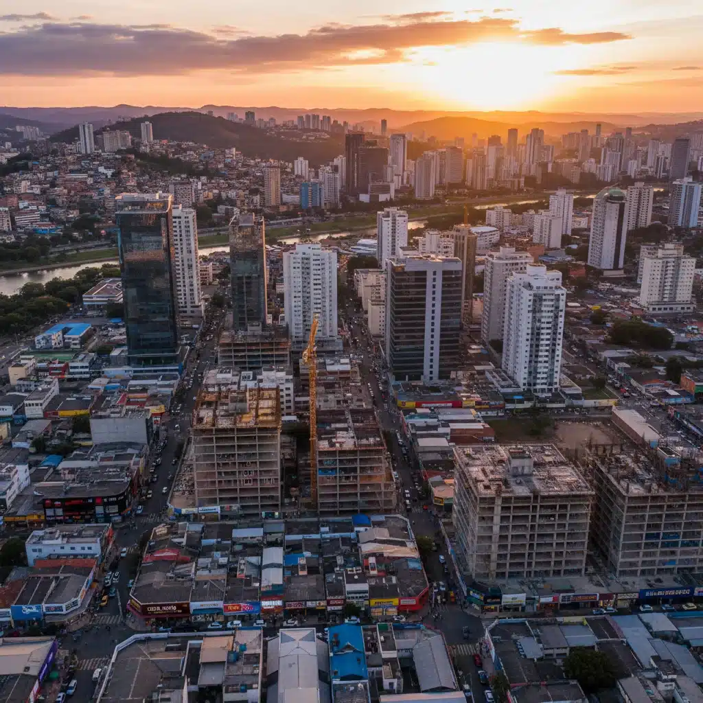 Vista aérea de cidade brasileira com construções e negócios prosperando, indicando impacto econômico.