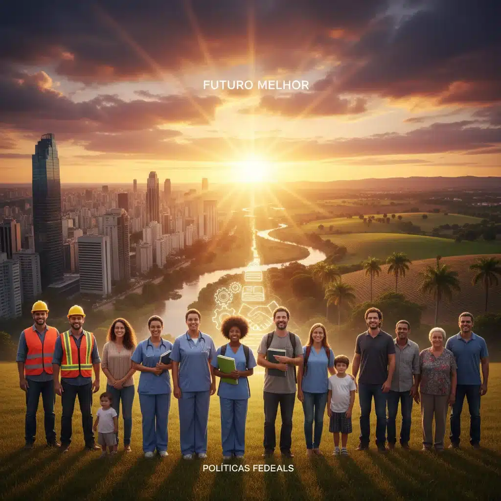 Brasileiros de diferentes setores olhando para o futuro, representando o impacto das políticas do Orçamento Federal em suas vidas.