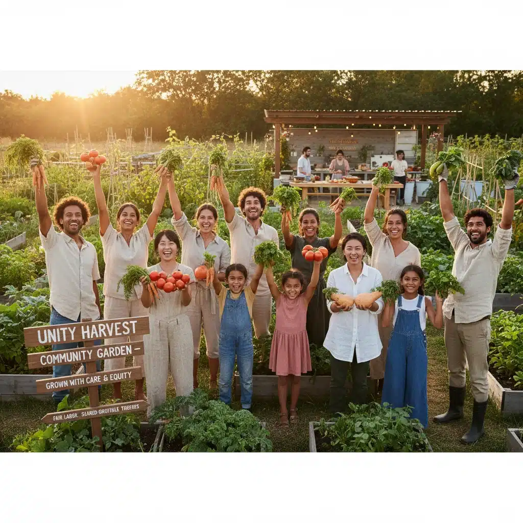 Pessoas diversas em um jardim comunitário, simbolizando o impacto social positivo da sustentabilidade.