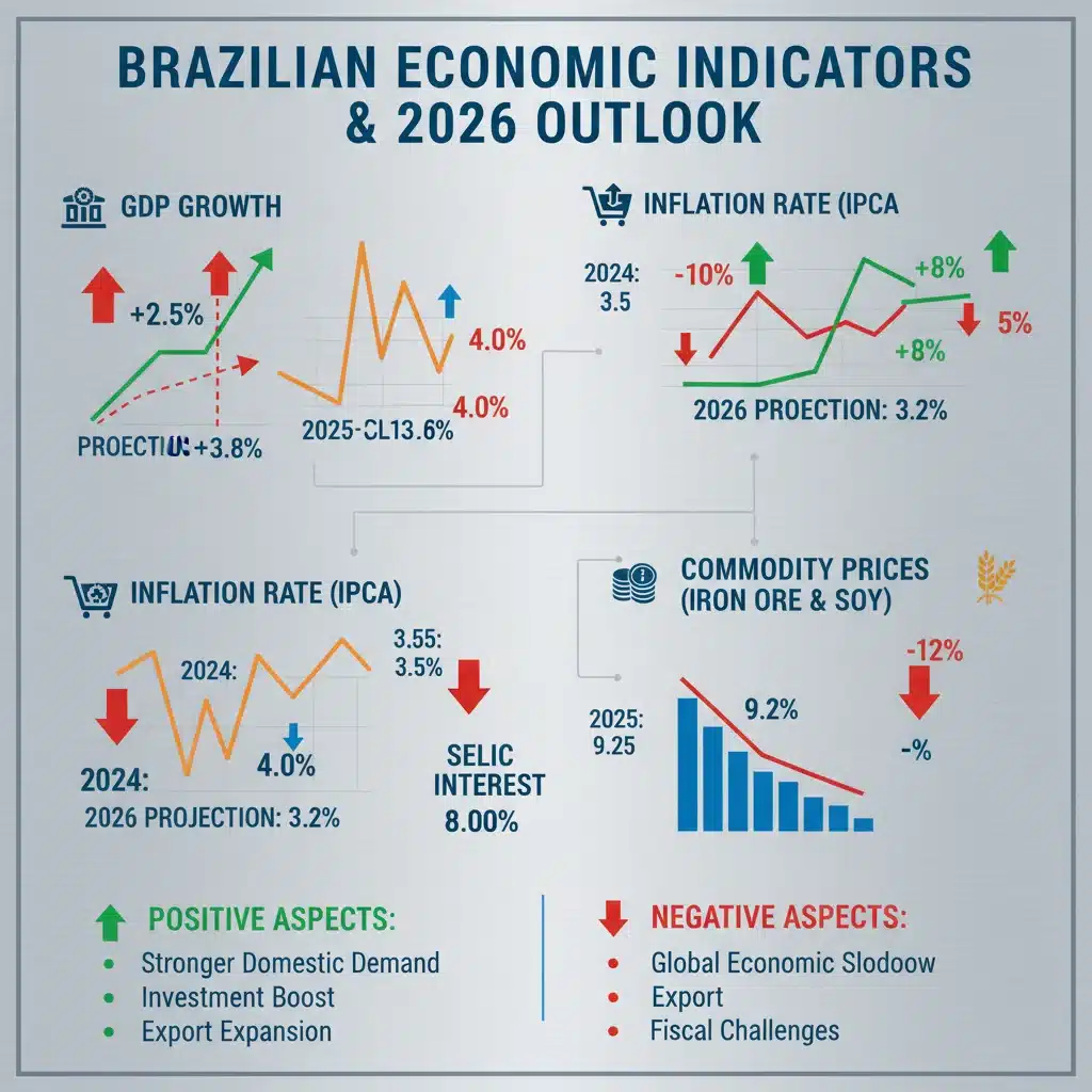 Infográfico com indicadores econômicos do Brasil, incluindo PIB, inflação e taxas de juros, projetando o cenário para 2026.