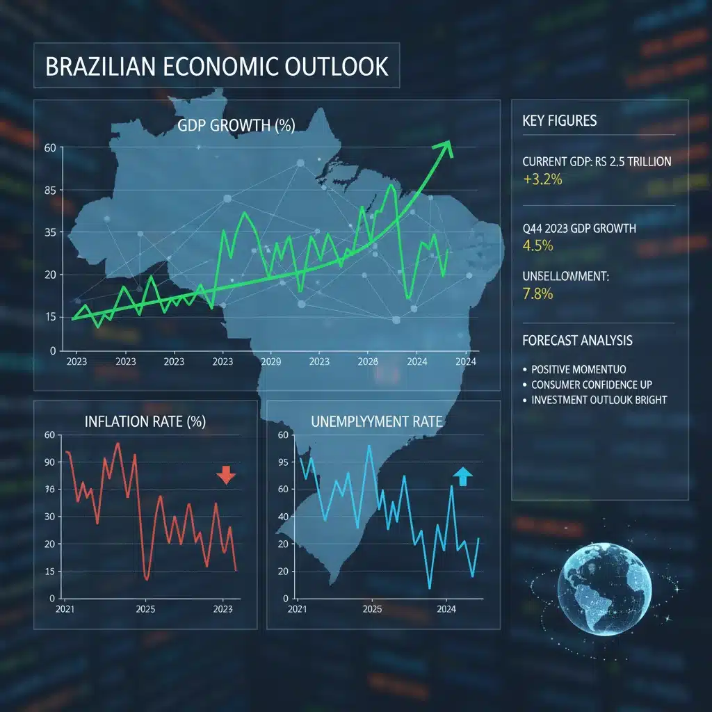Gráficos e indicadores econômicos que demonstram as flutuações e projeções do PIB, inflação e taxa de desemprego no Brasil.