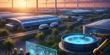 Paisagem industrial moderna no Brasil com tecnologia avançada e elementos de sustentabilidade, simbolizando o futuro da indústria.