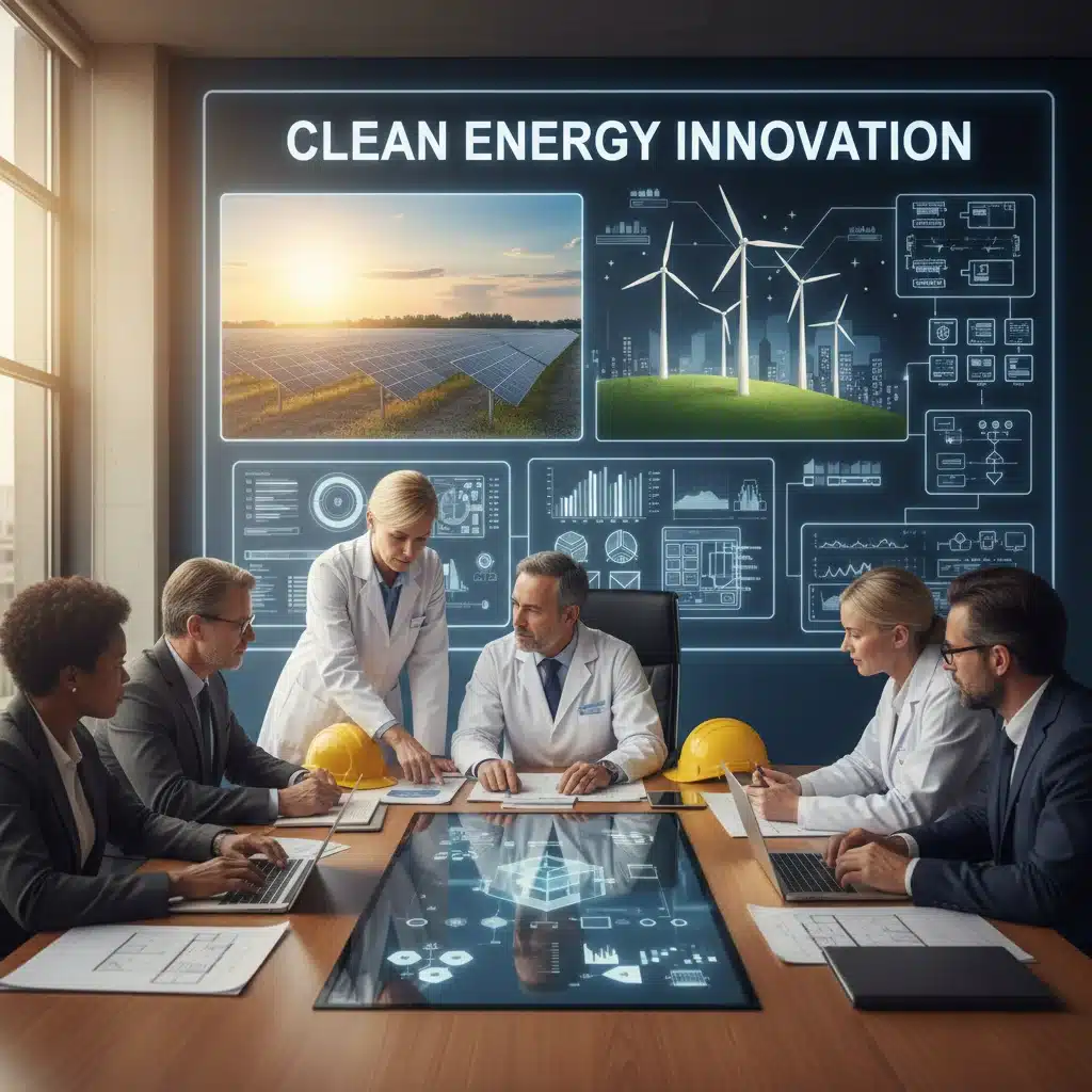 Profissionais de diversas áreas colaborando em projetos de energias renováveis e inovação sustentável no Brasil.