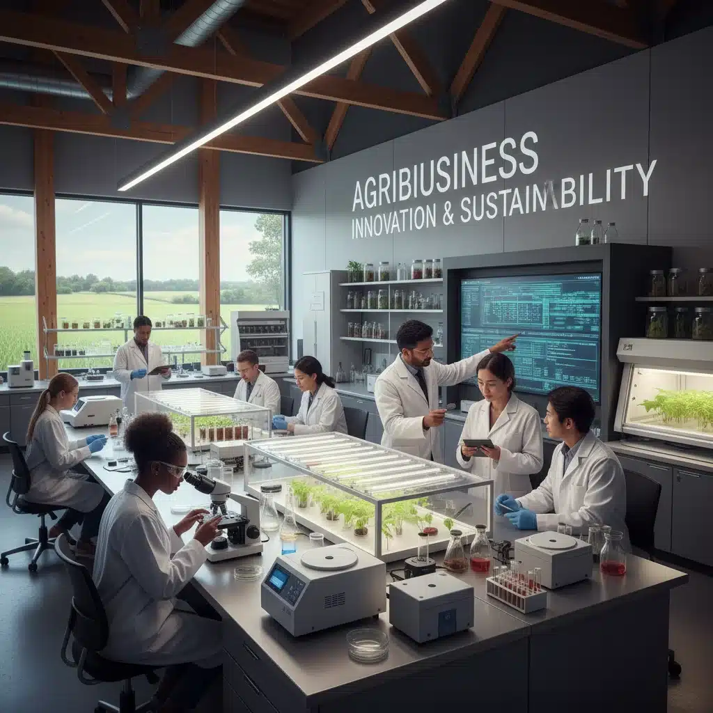 Cientistas em laboratório analisando amostras de plantas, discutindo práticas agrícolas sustentáveis e inovação.