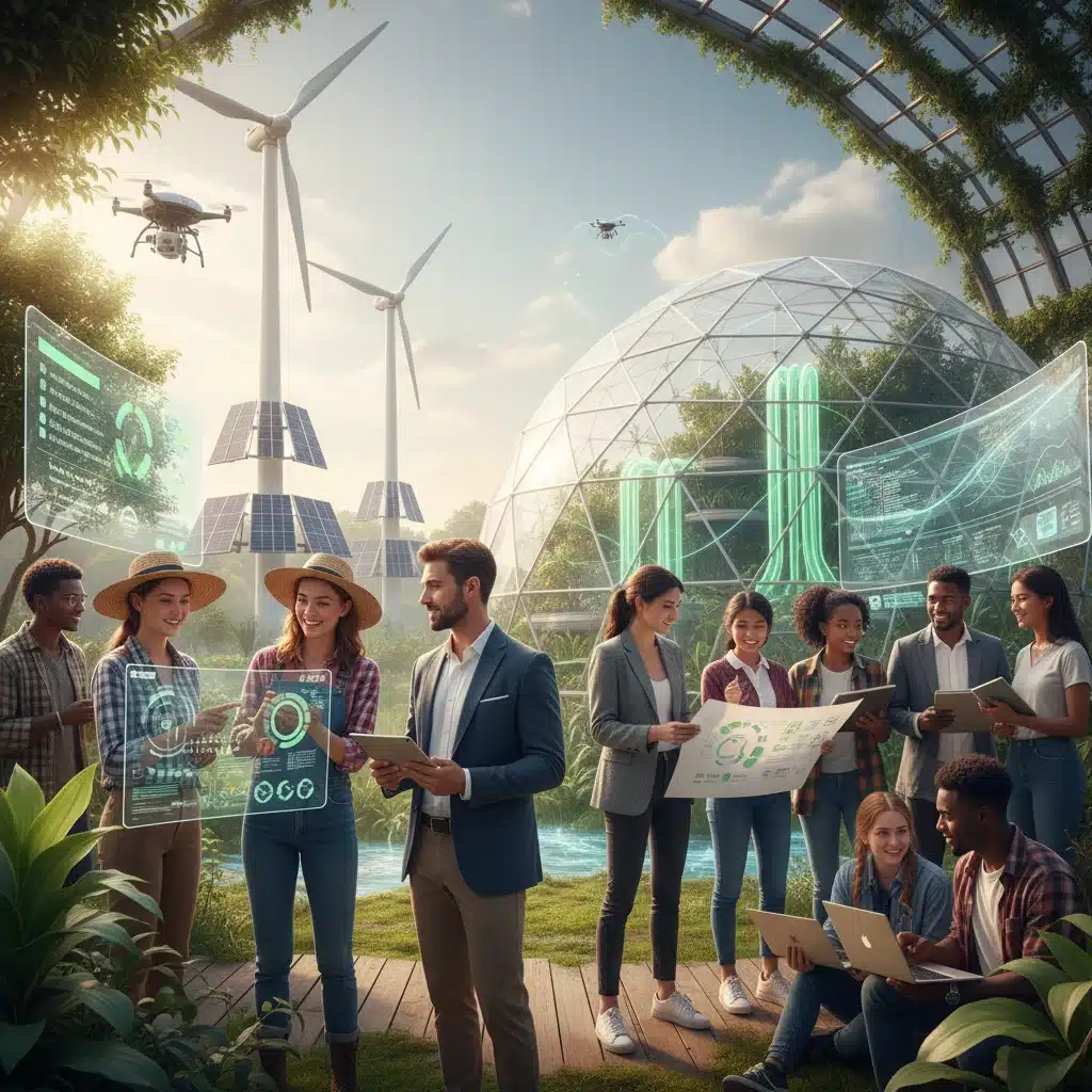 Pessoas de diferentes setores colaborando em um ambiente de inovação e sustentabilidade, representando o futuro econômico do Brasil.