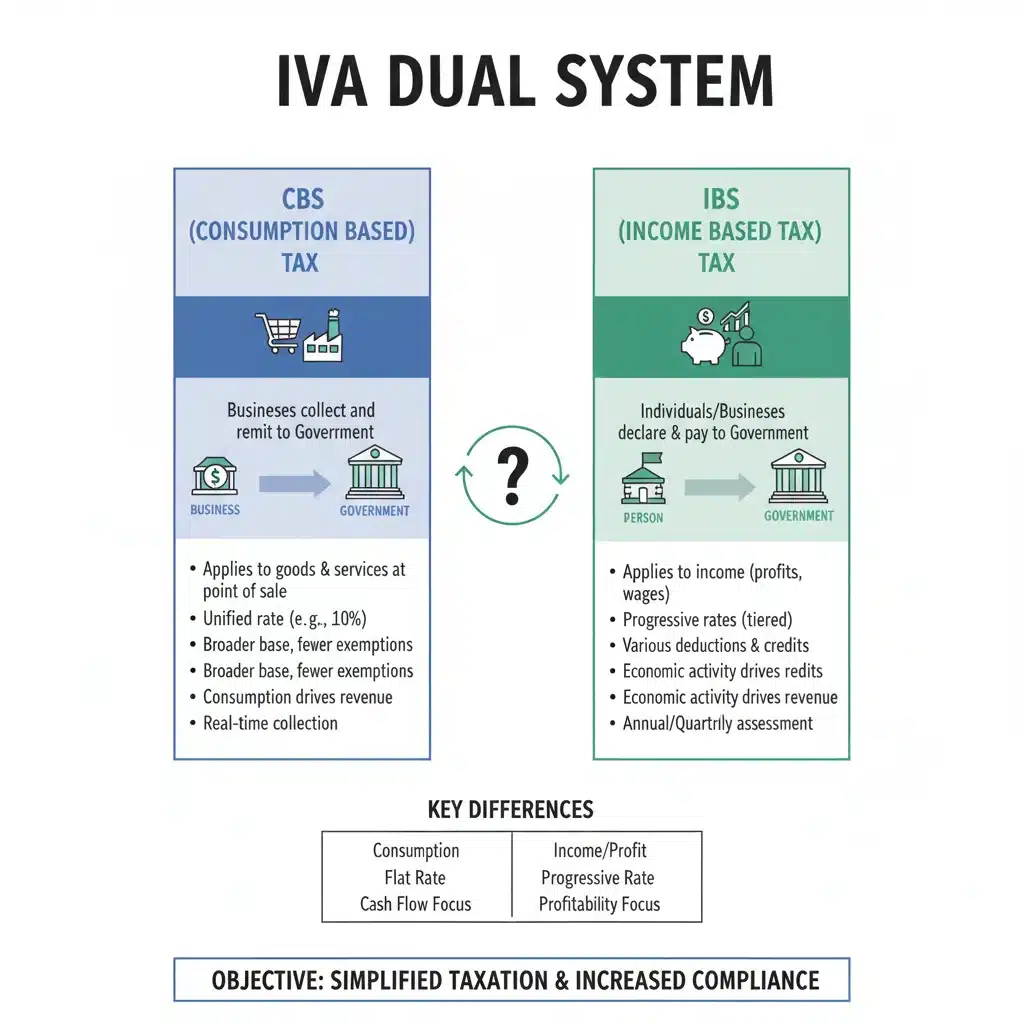 Infográfico detalhado sobre o sistema de IVA Dual, ilustrando o funcionamento da CBS e do IBS no contexto da reforma tributária.