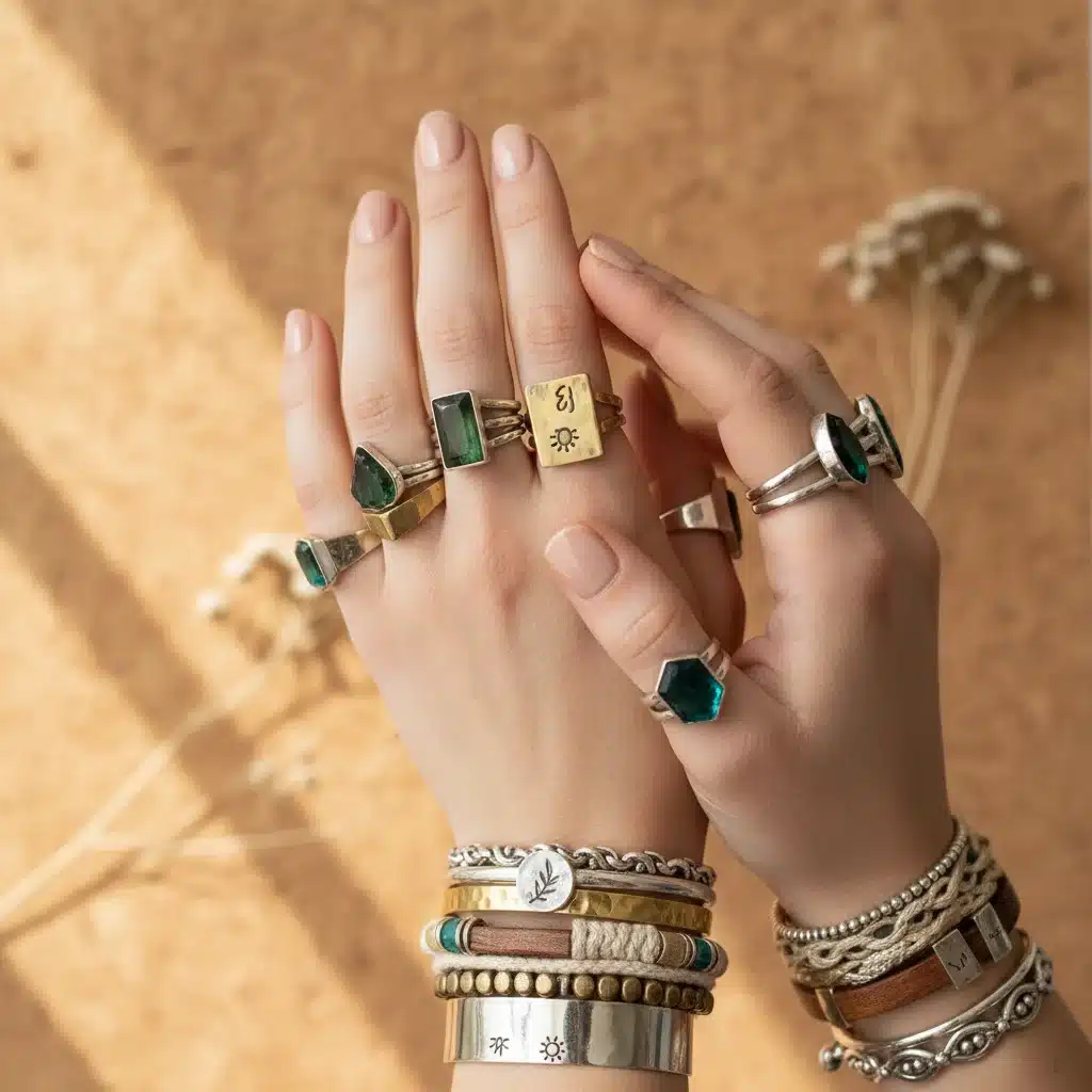 Mãos com anéis e pulseiras em camadas, feitos de materiais sustentáveis, destacando a tendência de joias eco-friendly.