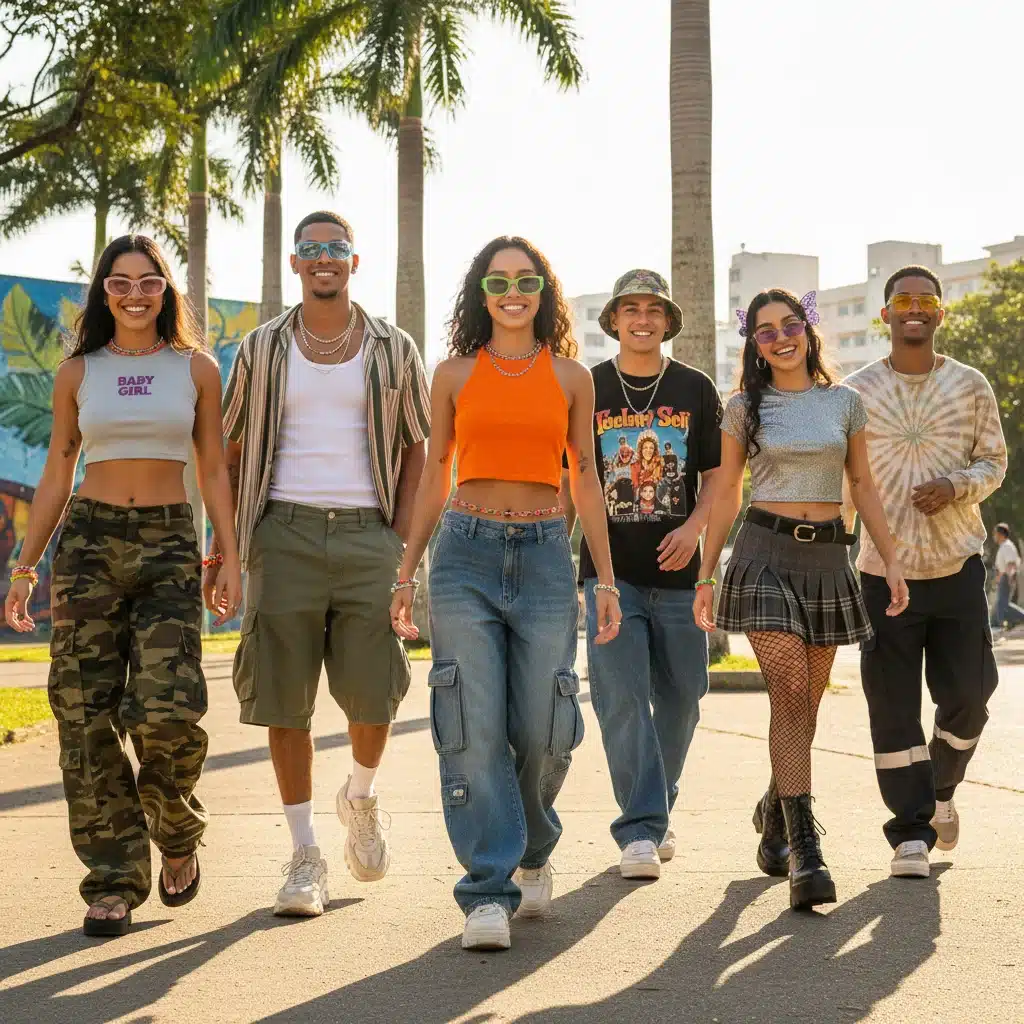 Grupo de jovens brasileiros exibindo diferentes elementos da moda Y2K, como calças cargo e baby tees, em um ambiente descontraído.