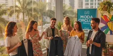 Jovens brasileiros trocando roupas, simbolizando o crescimento do aluguel de peças de vestuário no país.