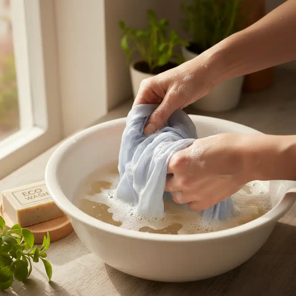 Mãos lavando delicadamente uma blusa de seda, ilustrando cuidados específicos com tecidos finos.