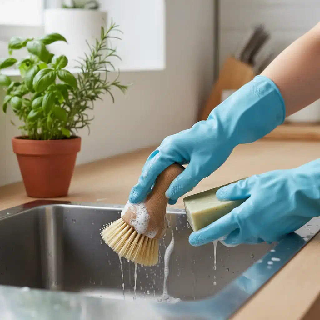Mãos usando luvas reutilizáveis limpando uma pia de cozinha com escova e sabão ecológico.