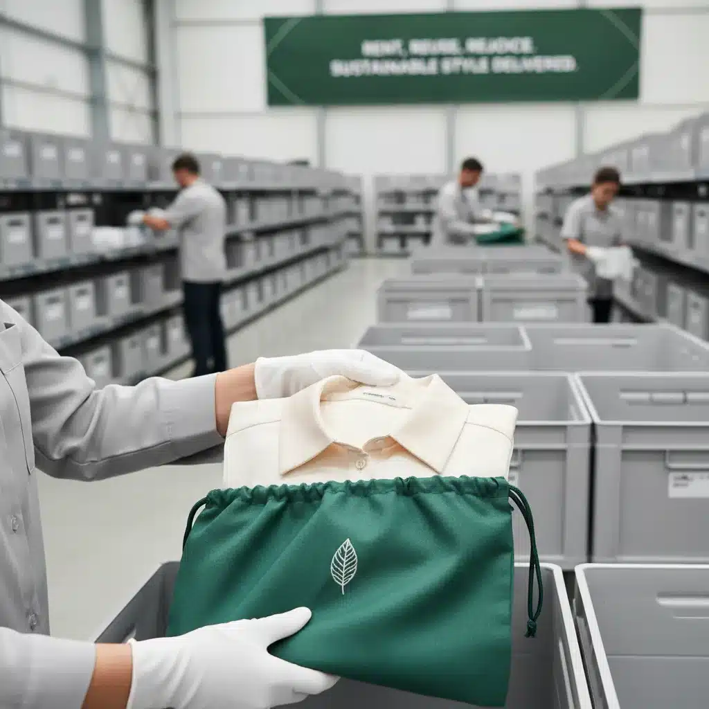 Mão colocando uma peça de roupa limpa em embalagem reutilizável, simbolizando a logística sustentável do aluguel de roupas.