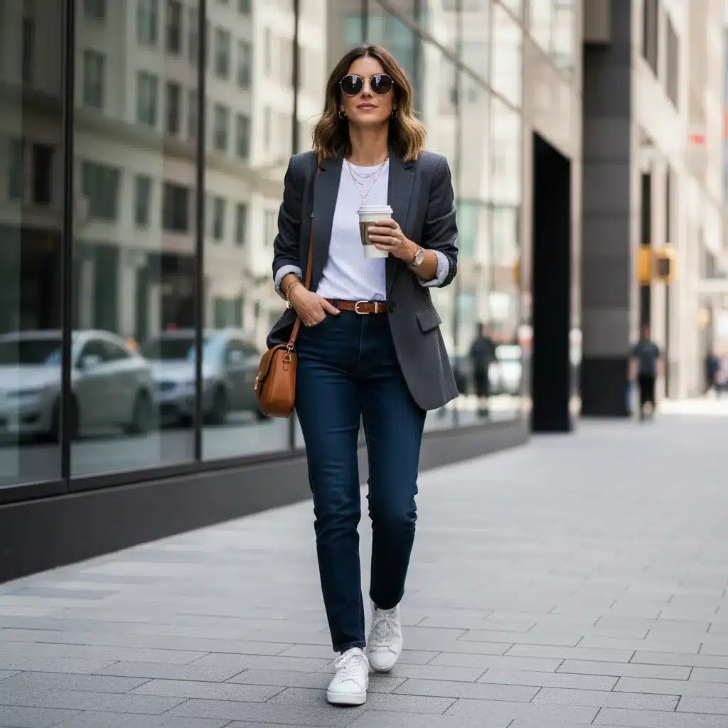 Mulher usando um look elegante e versátil criado a partir de um guarda-roupa cápsula, combinando peças básicas.