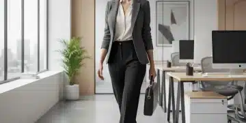 Mulher profissional com look de trabalho moderno e elegante em escritório contemporâneo