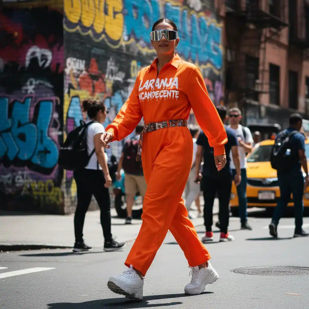 Pessoa com macacão laranja incandescente em look de street style, refletindo a energia das cores vibrantes.
