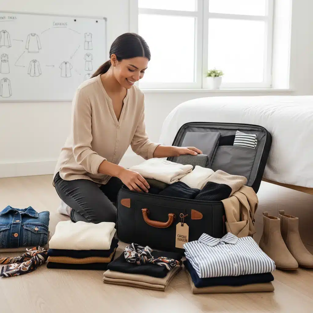 Mala organizada com roupas de guarda-roupa cápsula para viagem