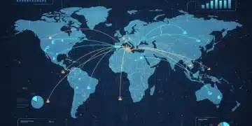 Mapa-múndi estilizado com rotas comerciais e gráficos representando o comércio exterior do Brasil em 2026.