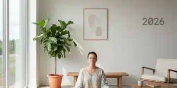 Pessoa meditando em uma sala minimalista e organizada, simbolizando a paz e a simplicidade da vida minimalista em 2026.