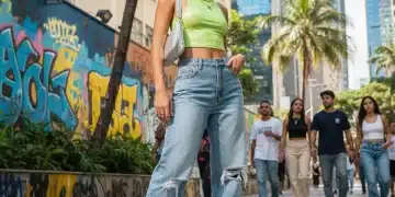Moda 2000 Brasil 2026: 7 Peças Essenciais que Voltaram com Tudo Jovem brasileira vestindo tendências da moda anos 2000 em 2026, com calça de cintura baixa e top cropped.