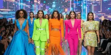 Cores Vibrantes 2026: Tendências de Moda Brasileira e Como Usar Modelos desfilando com roupas em cores vibrantes, destacando as tendências de moda para 2026 no Brasil.