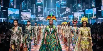 Modelos desfilando looks de alta costura com inspiração brasileira em uma passarela futurista, representando a moda de 2026.