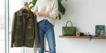 Mulher estilosa com roupas de moda circular, exibindo um guarda-roupa consciente e sustentável para 2026.