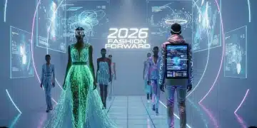 Tecnologia na Moda 2026: Inovações e Seu Estilo Pessoal Modelos desfilando roupas futuristas com elementos tecnológicos em um palco moderno, simbolizando a moda de 2026.