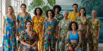 Moda Inclusiva 2026: Marcas Brasileiras Redefinem o Estilo Modelos diversos exibindo roupas de moda inclusiva brasileira em um estúdio moderno, com designs vibrantes e contemporâneos.
