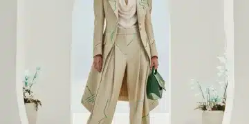 Modelo vestindo roupas de moda sustentável com materiais inovadores como couro de cogumelo e fibras de abacaxi.