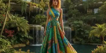 Moda Sustentável Brasil 2026: Marcas Inovadoras e Tecidos Reciclados Mulher vestindo roupa de tecido reciclado em cenário brasileiro verde e moderno, simbolizando a moda sustentável no Brasil.