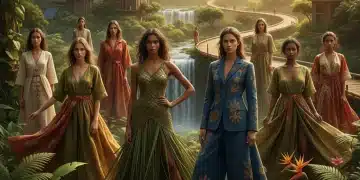 Modelos exibindo roupas de moda sustentável brasileira com tecidos naturais e design moderno, em um cenário que mistura natureza e elementos urbanos.