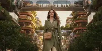 Mulher vestindo moda sustentável em cenário urbano futurista e ecológico