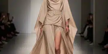 Modelo desfilando um look sofisticado em tom bege neutro, com corte moderno e caimento elegante, em uma passarela minimalista.