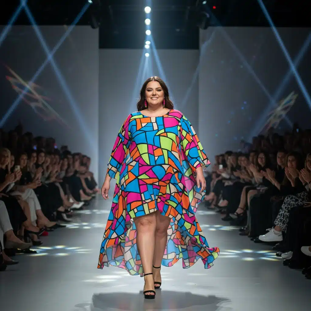Modelo plus size desfilando vestido fluido e colorido com estampa inovadora em passarela de moda.