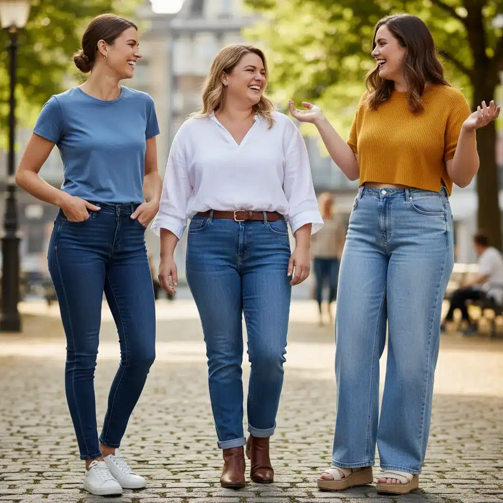 Grupo diverso de pessoas usando diferentes estilos de jeans bem ajustados, mostrando a variedade de cortes e como eles vestem bem em diferentes corpos.