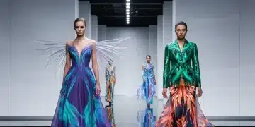 Tecidos Inovadores: O Futuro da Moda em 2026 Modelos em passarela futurista exibindo roupas feitas com tecidos inovadores e sustentáveis.