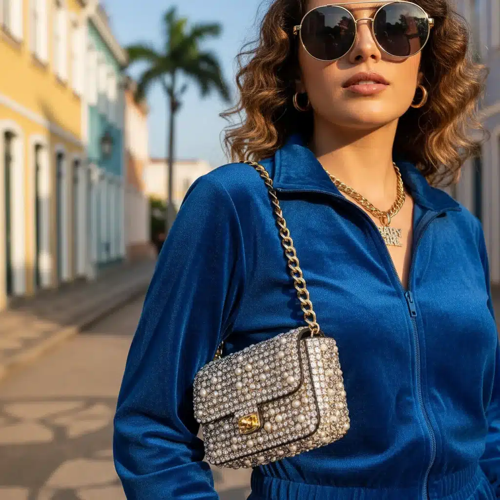 Conjunto de moletom de veludo em cor vibrante, acessório de bolsa pequena e óculos de sol grandes, representando a tendência dos anos 2000.