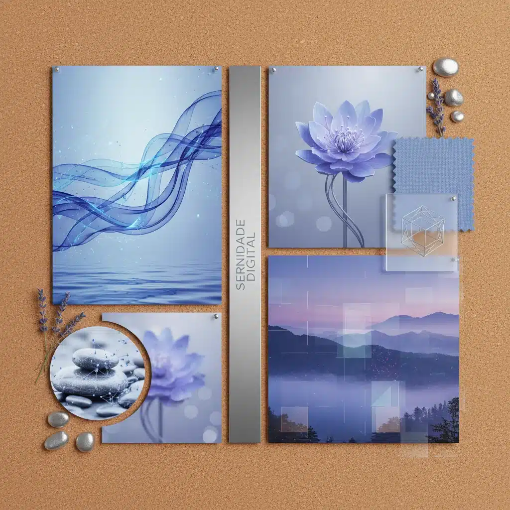 Mood board da paleta 'Serenidade Digital' com tons de azul, lavanda e cinza, representando equilíbrio.