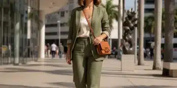 Mulher brasileira elegante usando um conjunto de alfaiataria moderno em um cenário urbano vibrante, simbolizando a tendência de 2026.