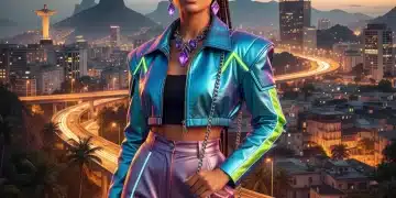 Acessórios de Moda 2026: Tendências Indispensáveis no Brasil Mulher estilosa com acessórios modernos e futuristas, representando as tendências de moda de 2026 no Brasil.