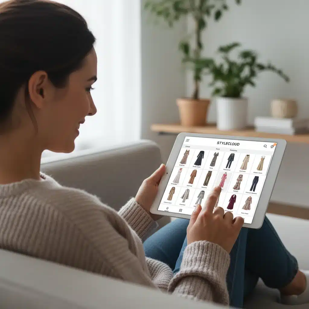 Mulher explorando um guarda-roupa virtual em tablet, representando a praticidade das plataformas de aluguel de roupas online.