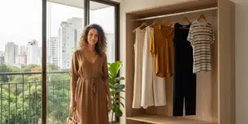 Mulher elegante organizando um guarda-roupa cápsula moderno e funcional