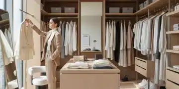 Guarda-Roupa Versátil 2026: 10 Peças Essenciais para Estilo Duradouro Mulher elegante organizando um guarda-roupa minimalista com peças versáteis para 2026.